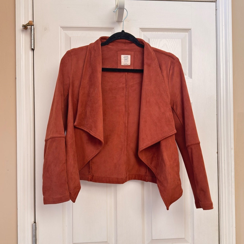 Soft Faux Suede Draped Open-Front Blazer in Rust - Good Hart by Matilda Jane